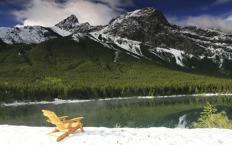 Resting beneath the snowy mountain, mountain, rest, bench, clouds, snowy, lake, HD wallpaper