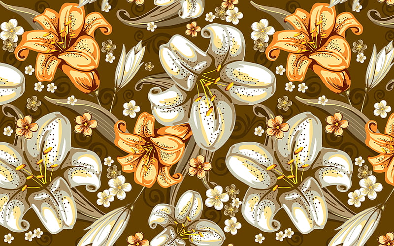 flowers pattern, floral patterns, decorative art, flowers, roses patterns, brown floral background, abstract flowers pattern, background with flowers, floral textures, HD wallpaper