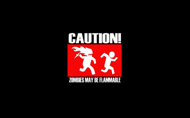 Caution, red, black, fun, run, flammable, zombie, fire, nice, simple, funny, HD wallpaper