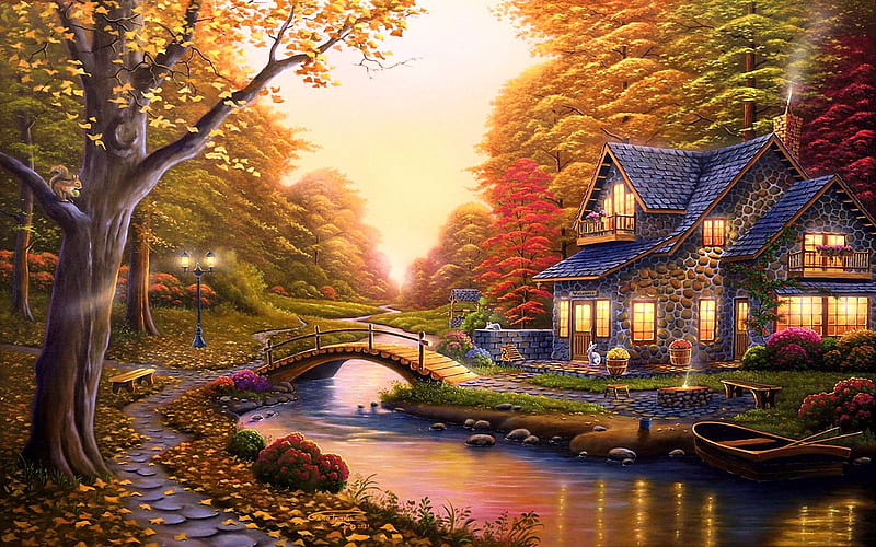 Quiet Refuge, bridge, cottage, painting, river, sunset, trees, artwork, HD wallpaper