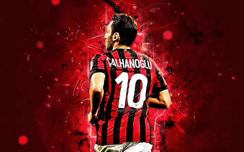 Hakan Calhanoglu, AC Milan, back view, turkish footballer, Rossoneri, soccer, Serie A, Calhanoglu, neon lights, Milan FC, HD wallpaper