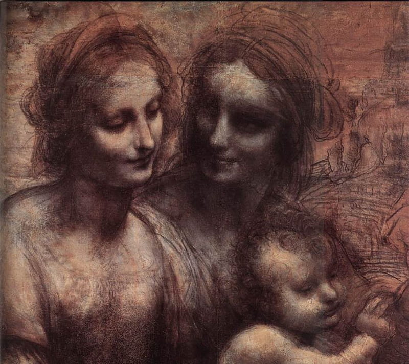 Madonna and child with st.Anne, art, leonardo da vinci, renaissance, drawing, HD wallpaper