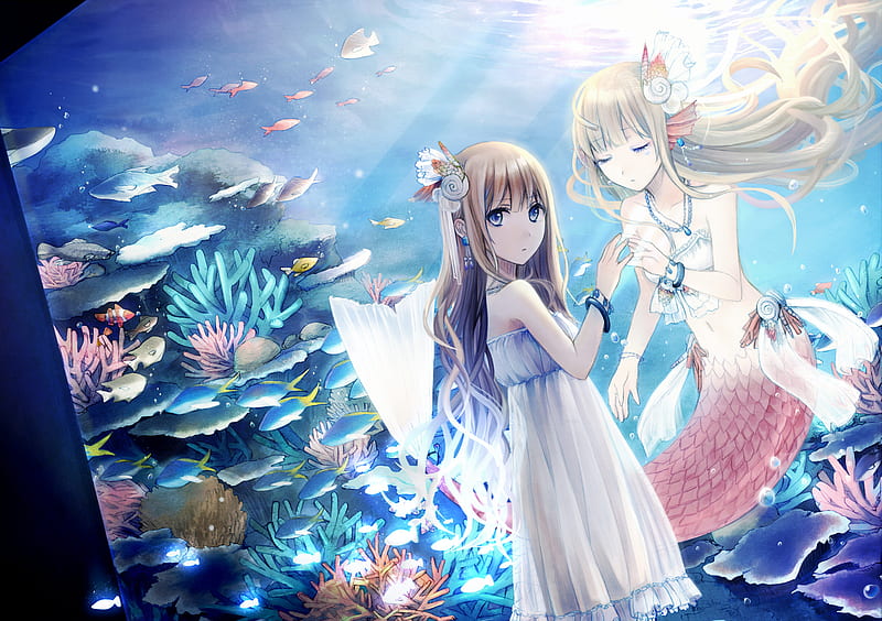 on the other side (cant reach), animemermaid, pretty, seaplant, 2girls, bacelet, fsh, bow, powers, creatures, pink, light, blue, necklace, tail, closed eyes, blonde, younge, brunette, alone, water, human, bond, sad, HD wallpaper
