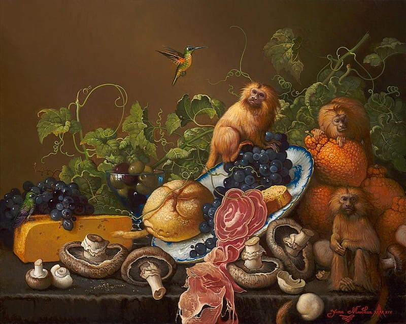 :), bird, yana movchan, food, hummingbird, colibri, maimuta, art, orange, mushroom, monkey, HD wallpaper