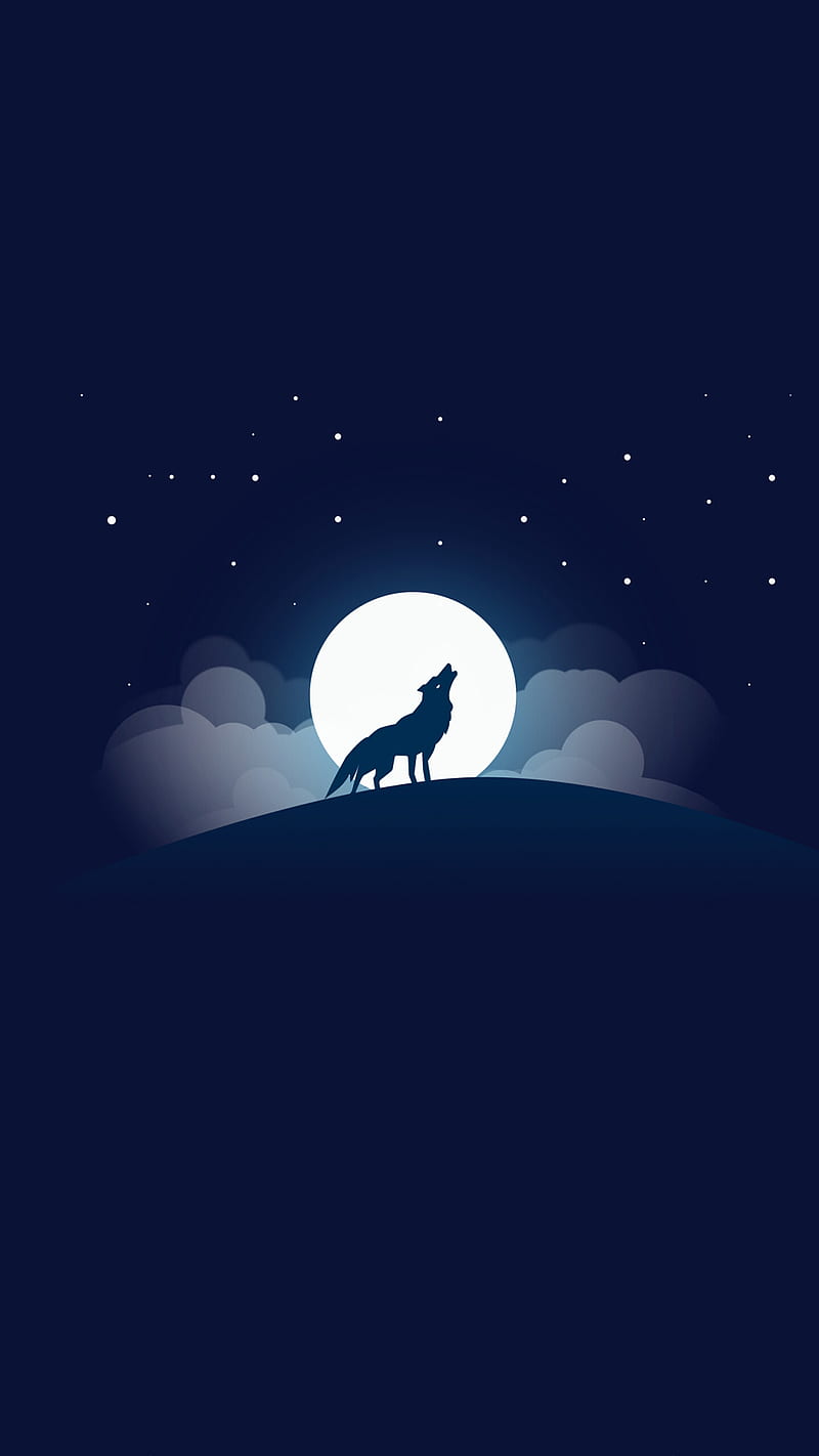 Wolf, full moon, night, sky, stars, HD phone wallpaper