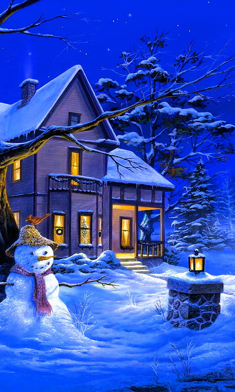 Christmas Spirit, christmas house, snowman, winter snow, HD phone wallpaper