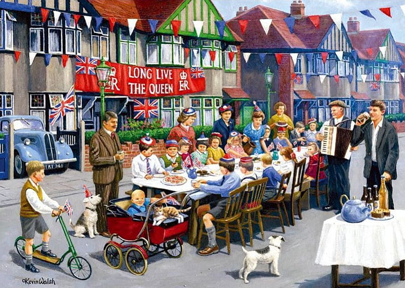 Street Party, table, england, people, houses, artwork, dogs, HD wallpaper