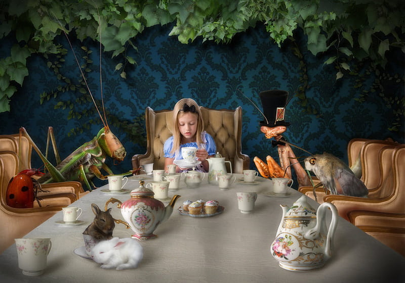 Afternoon Tea, table, madhatter, weird, alice, animals, tea party, HD wallpaper