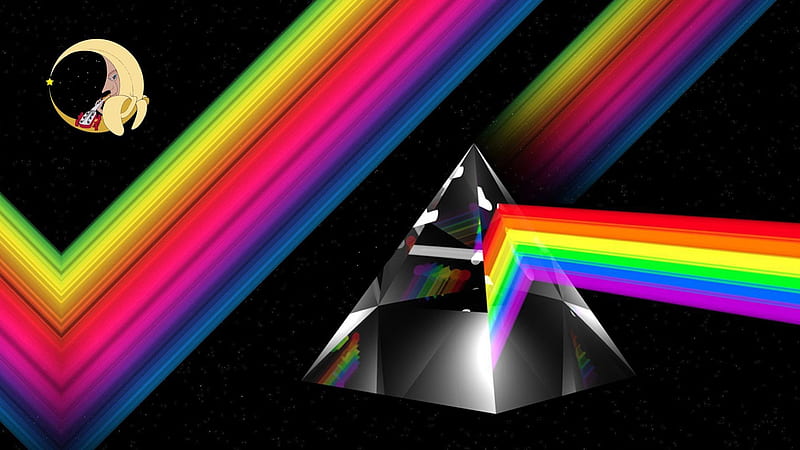 BANANA Rainbow Crystal Pyramid, moon, univers, black, pyramid, rainbow, hop, galaxy, star, HD wallpaper