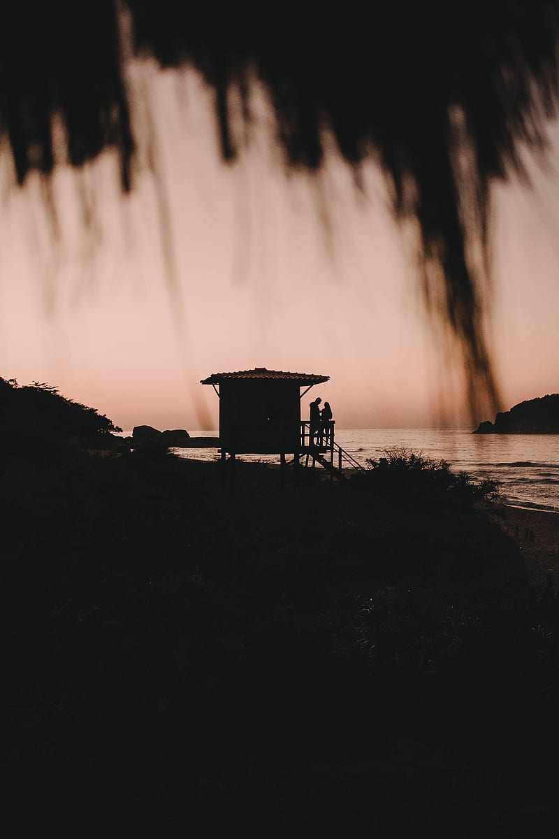 bungalow, silhouette, romance, sunset, HD phone wallpaper