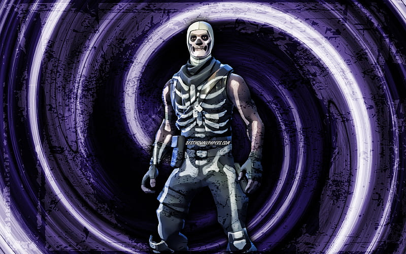 Skull Trooper, violet grunge background, Fortnite, vortex, Fortnite characters, Skull Trooper Skin, Fortnite Battle Royale, Skull Trooper Fortnite, HD wallpaper