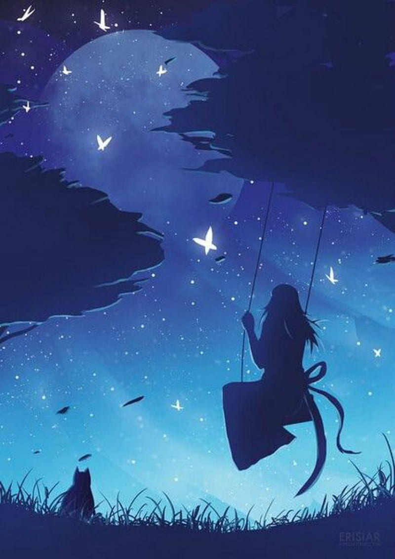 girl and cat, fantasy, night, swing, stars, moon, trees, nature, blue, HD phone wallpaper
