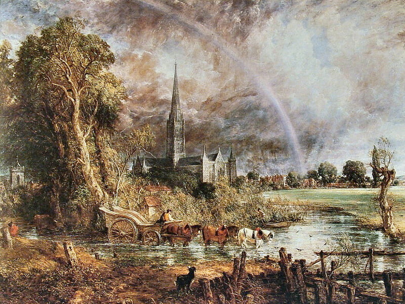 Salisbury Cathedral 1, john constable, art, old master, equine, rainbow, horse, artwork, constable, water, painting, scenery, landscape, HD wallpaper