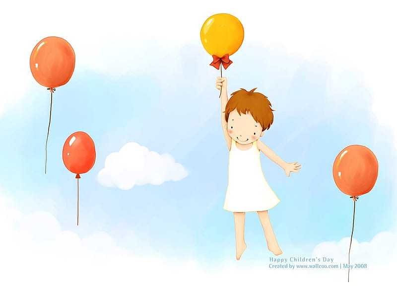 From the sky, fly, balloon, girl, drawing, sky, HD wallpaper