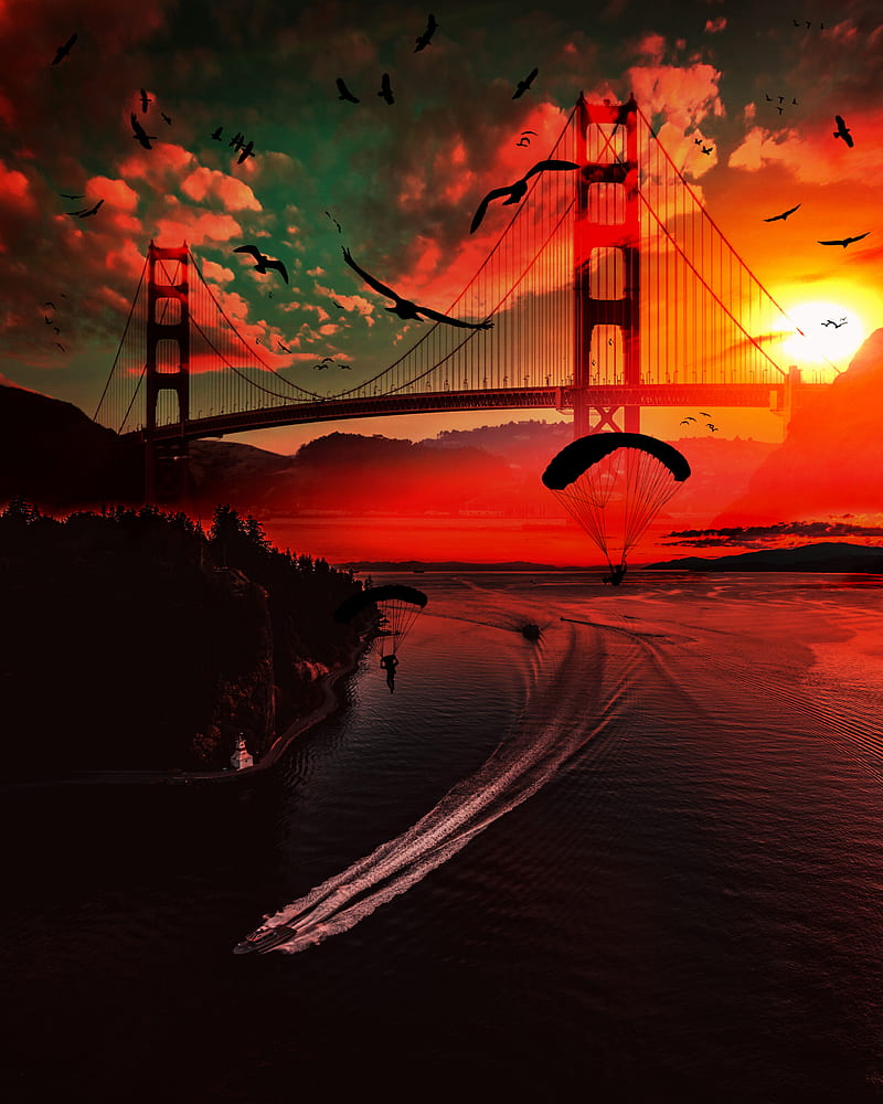 river, bridge, sunset, parachutists, birds, boats, HD phone wallpaper