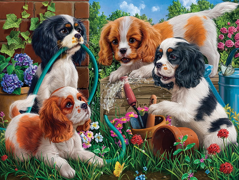 Pups in the garden, dogs, watering can, butterfly, flower pots, painting, flowers, water hose, HD wallpaper