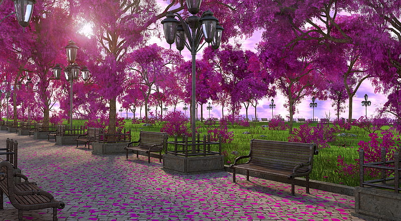 Park Bench, 3d, blossom trees, sun, benches, lamps, park, sky, HD wallpaper