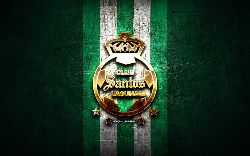 Santos Laguna FC, golden logo, Liga MX, green metal background, football, Club Santos Laguna, mexican football club, Santos Laguna logo, soccer, Mexico, HD wallpaper
