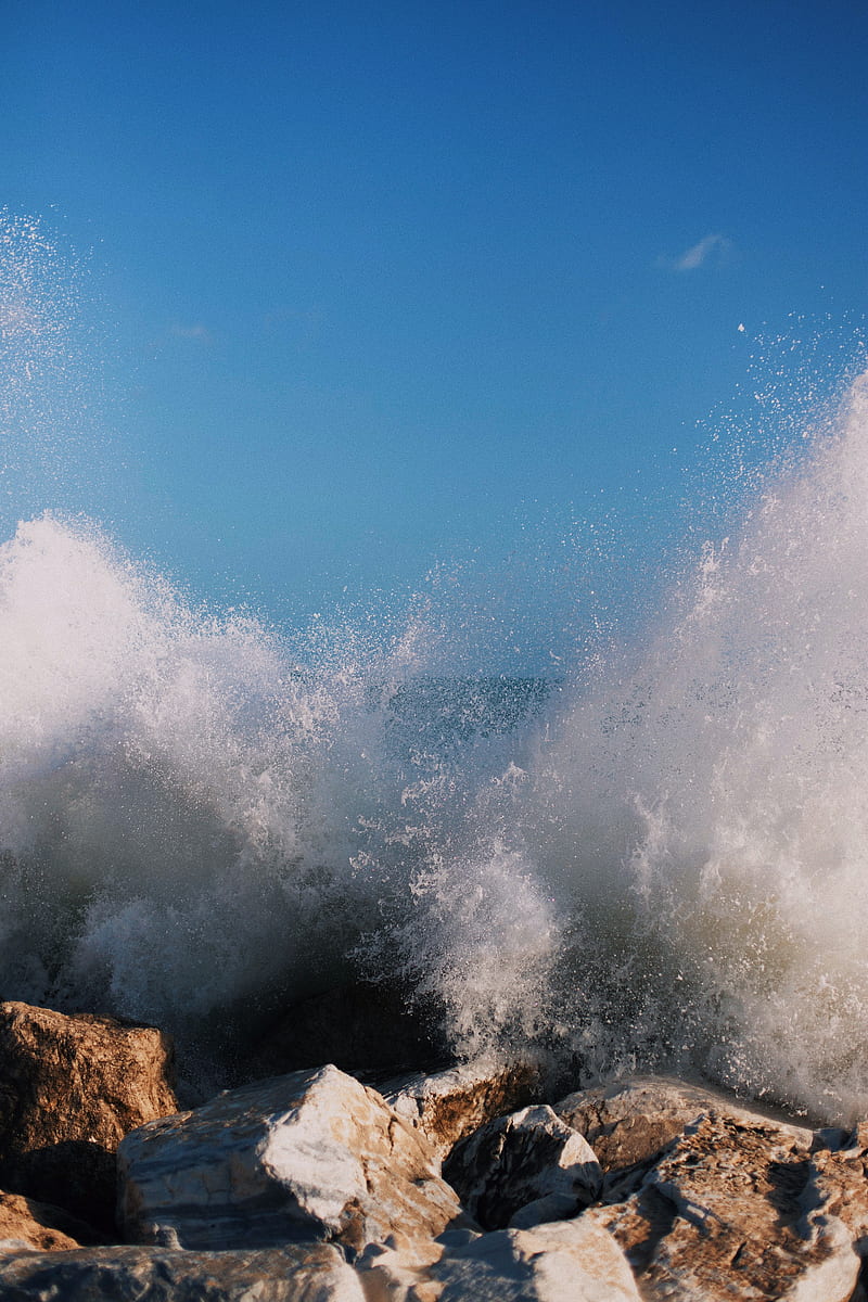 stones, water, splash, wave, sea, shore, HD phone wallpaper