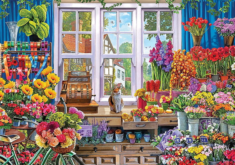 Flower Shop, blossoms, flowers, cat, window, colors, HD wallpaper