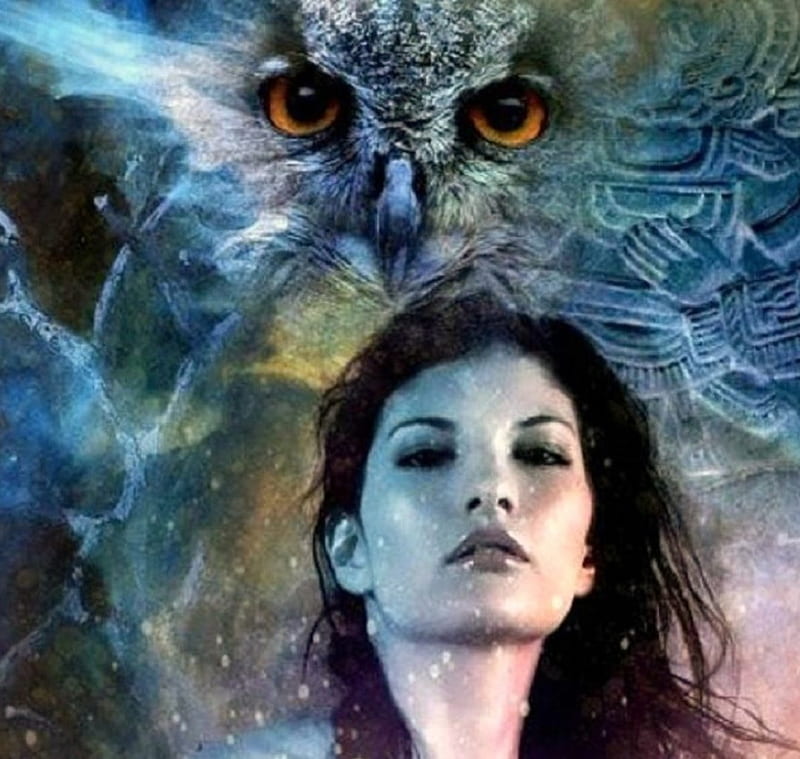 'Her guardian spirit'...., mystical, owl, woman, spirit guide, HD wallpaper