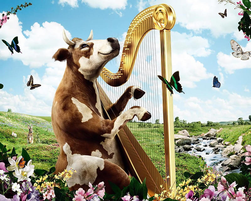 3d Cow, butterfly, fantasy, harp, HD wallpaper