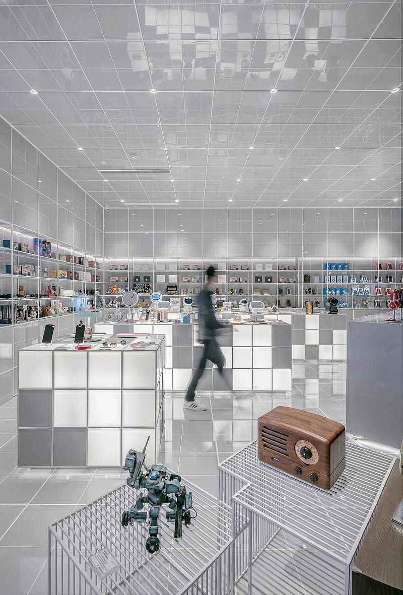man walking beside white cube decoration, HD phone wallpaper