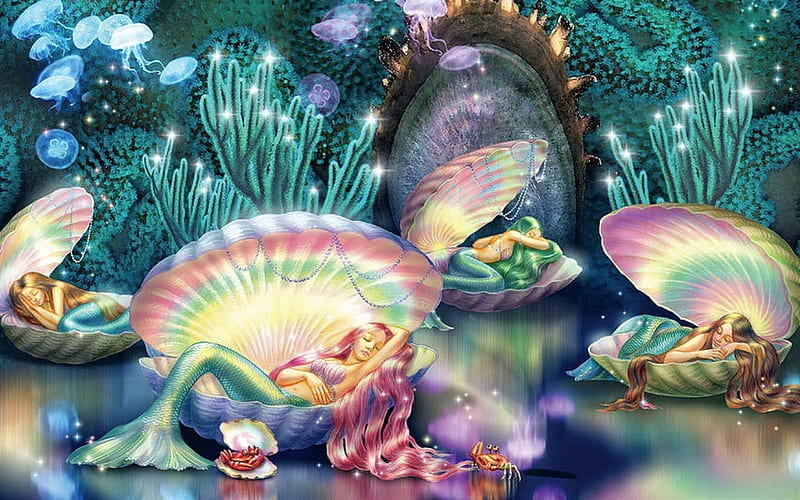 Sleeping Mermaids, mermaids, underwater, shells, sleeping, HD wallpaper