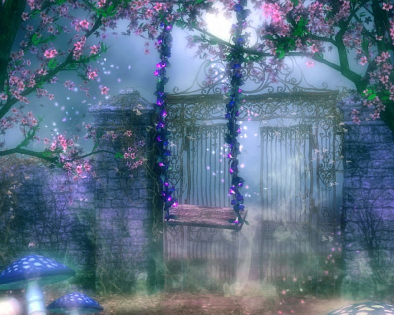 Magical Place, art, fantasy, moon, swing, flowers, HD wallpaper