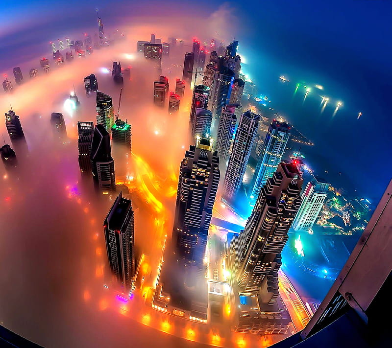 City Lights, fog, buildings, HD wallpaper