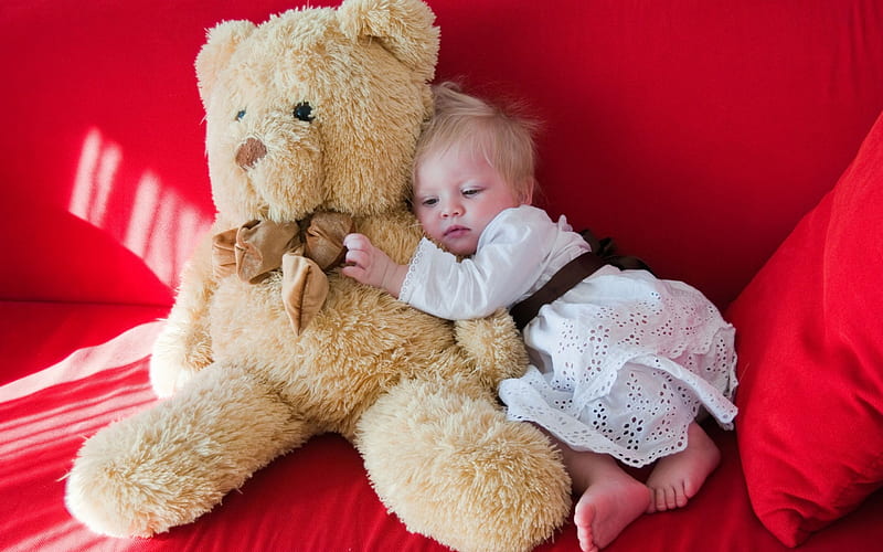 LITTLE GIRL AND HER TEDDY, children, adorable, cute, teddy bears, bouquet,  people, HD wallpaper