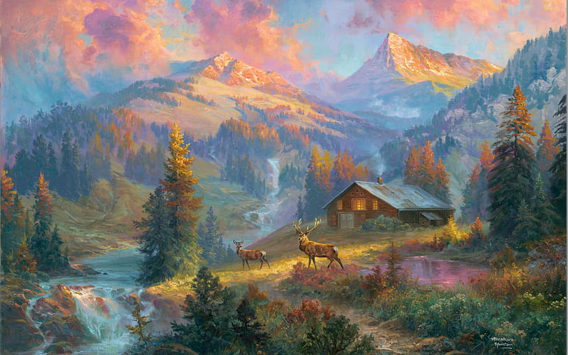 Alpenglow, artwork, painting, deer, trees, clouds, sky, mountains, cabin, creek, HD wallpaper