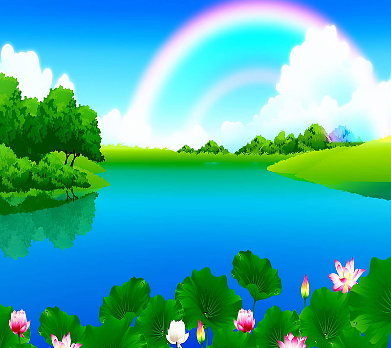 Rainbow, flowers, lakes, nature, trees, HD wallpaper | Peakpx