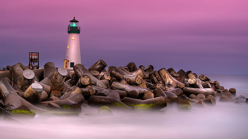 Watchtower fog, lighthouse, logs, clouds, sky, HD wallpaper