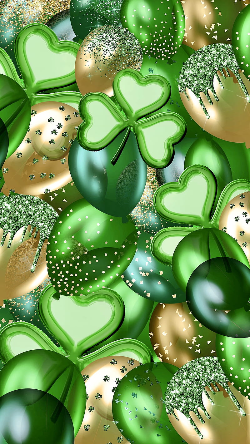 St. Patrick’s Balloons, St. Patrick's Day, celebrate, dripping glitter, glitter, green, holiday , irish, party, shamrocks, HD phone wallpaper