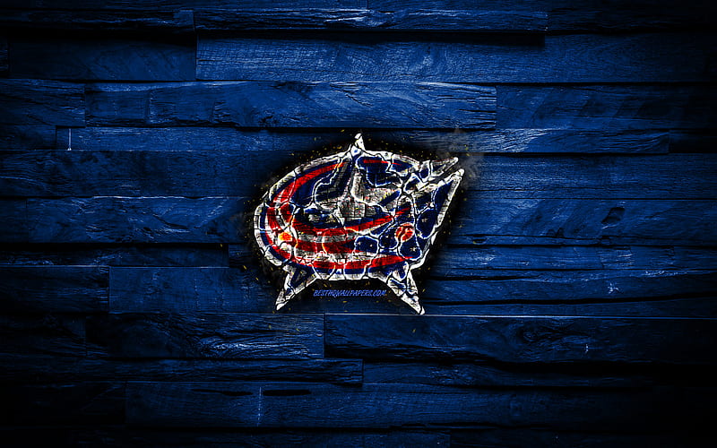 Columbus Blue Jackets, fiery logo, NHL, blue wooden background, american hockey team, grunge, Eastern Conference, hockey, Columbus Blue Jackets logo, fire texture, USA, HD wallpaper