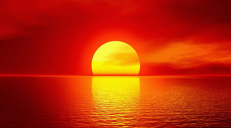 Big Ball of Sun, red, sun, orange, yellow, sunset, sky, clouds, lake, ball, daylight, large, day, nature, reflection, HD wallpaper