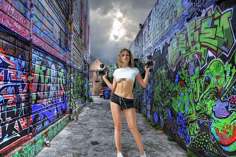 Model with her Long Board in a Back Alley, blonde, shorts, long board, sexy, model, alley, HD wallpaper