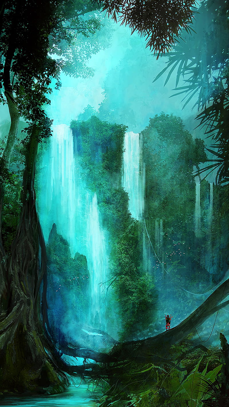 Waterfall Art , silhouette, trees, forest, HD phone wallpaper