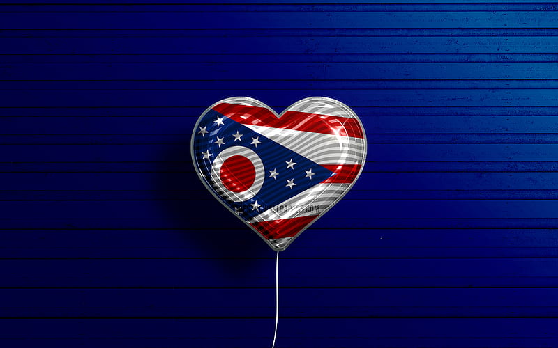I Love Ohio, realistic balloons, blue wooden background, United States of America, Ohio flag heart, flag of Ohio, balloon with flag, American states, Love Ohio, USA, HD wallpaper