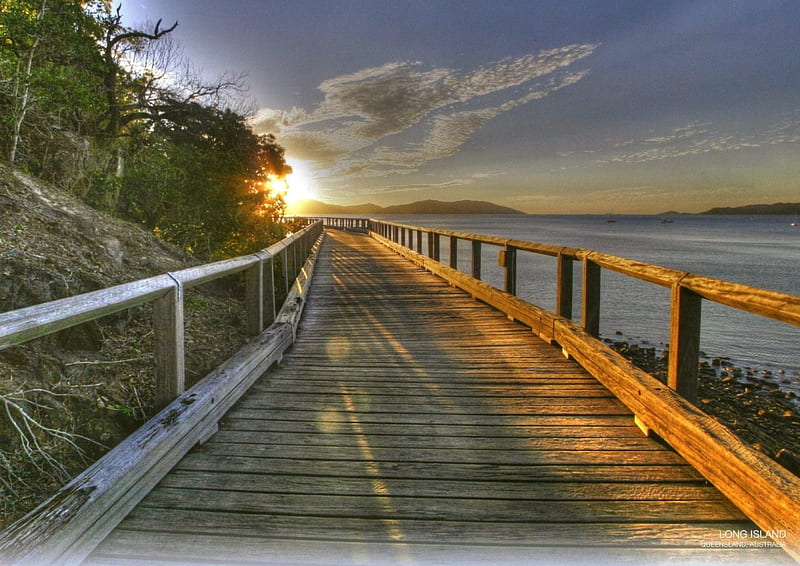 Long Island Queensland Australia, beach, sun, pathway, setting, island, wooden, HD wallpaper