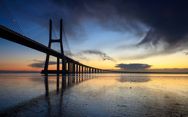 Vasco da Gama bridge, cable-stayed bridge, river, Tejo, Lisbon, Portugal, evening, sunset, modern buildings, modern bridges, HD wallpaper