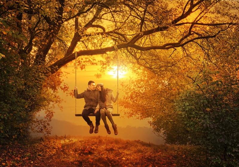 Autumn Love , forest, fall, autumn, bonito, sunset, man, woman, leaf, leaves, graphy, swing, love, couple, HD wallpaper