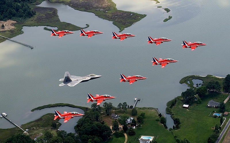 f22 and red arrows, red, aircraft, fly, planes, sky, silver, fast, HD wallpaper