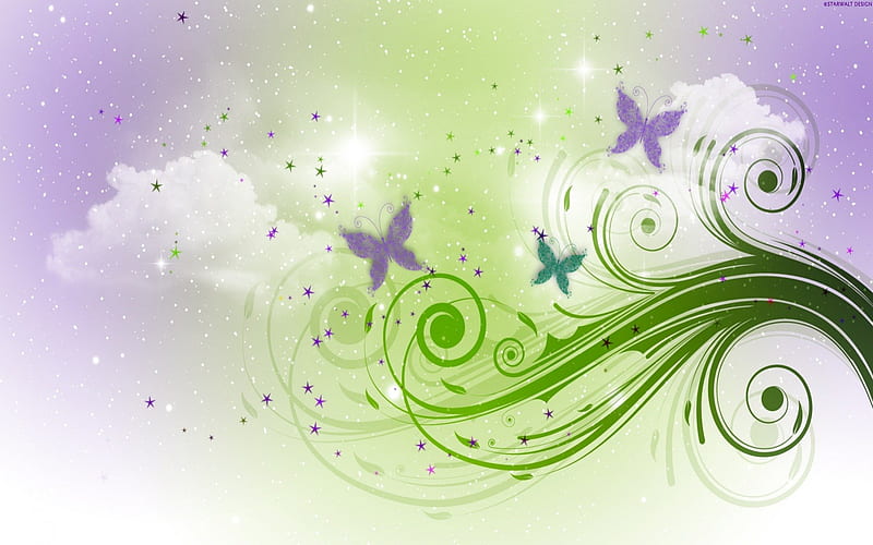 Abstract Butterflies, graphics, butterflies, abstract, sky, clouds, butterfly, green, purple, flair, simple, HD wallpaper