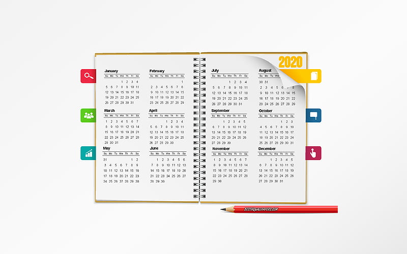 2020 Calendar, notepad, 2020 all months, Calendar for 2020, white background, 2020 concepts, HD wallpaper