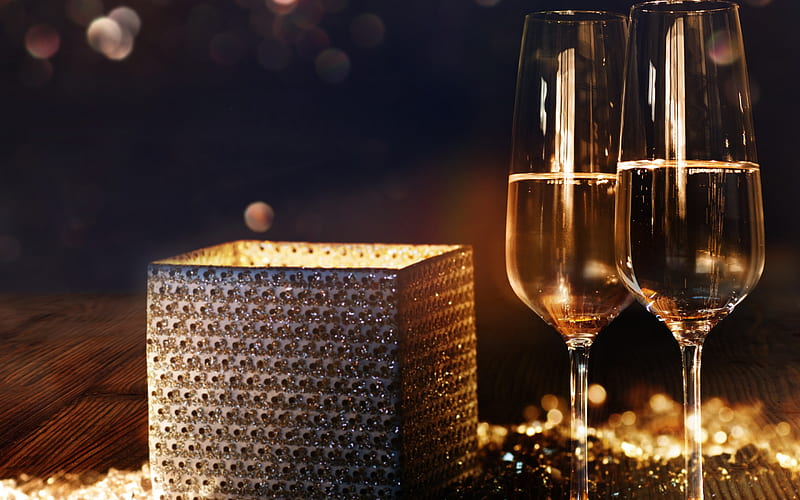 New Year, 2018, evening, champagne, glasses, gifts, candles, HD wallpaper