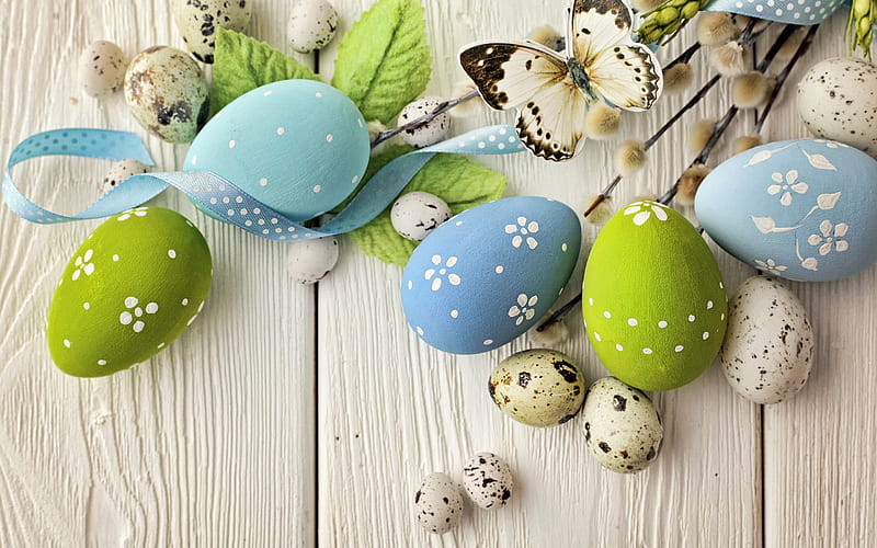 Easter decoration, spring, Easter eggs, butterflies, sprigs of vines, Easter, HD wallpaper