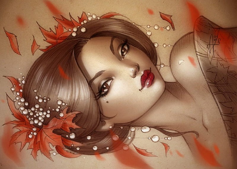 'Geisha Leaves in Fall', fall, pretty, autumn, draw and paint, Geisha, Sakura, bonito, seasons, leaves, paintings, people, Japanese, girls, drawings, traditional art, models, lovely, portraits, love four seasons, creative pre-made, weird things people wear, HD wallpaper