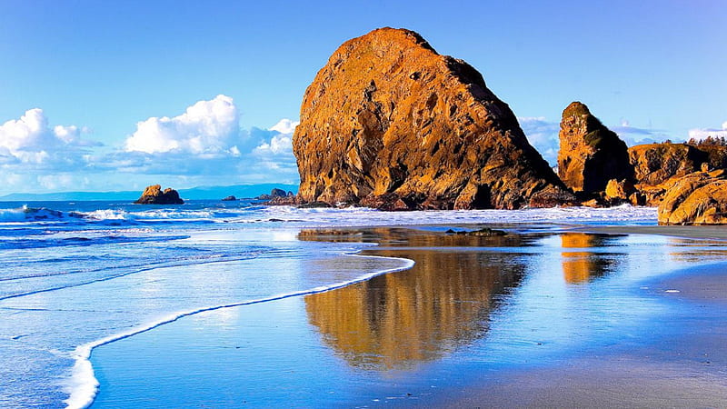 beach, rocks, wet, geaphy, ocean, clouds, sea, sand, water, landscape, HD wallpaper